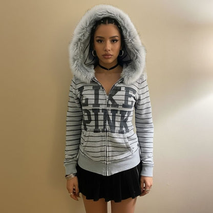 Long Sleeve Faux Fur Trim Lettering Print Striped Zip-Up Hooded Jacket