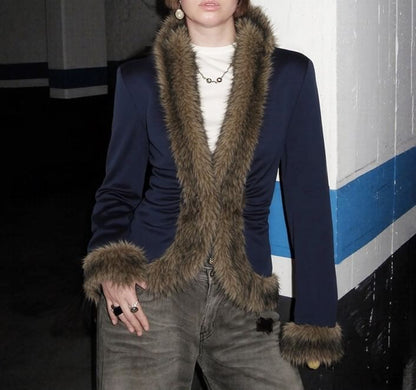 Long Sleeve Faux Fur Trim Jacket
