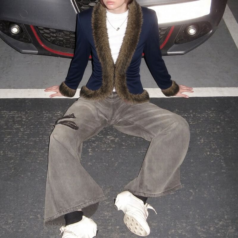 Long Sleeve Faux Fur Trim Jacket