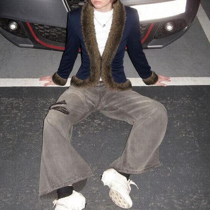 Long Sleeve Faux Fur Trim Jacket