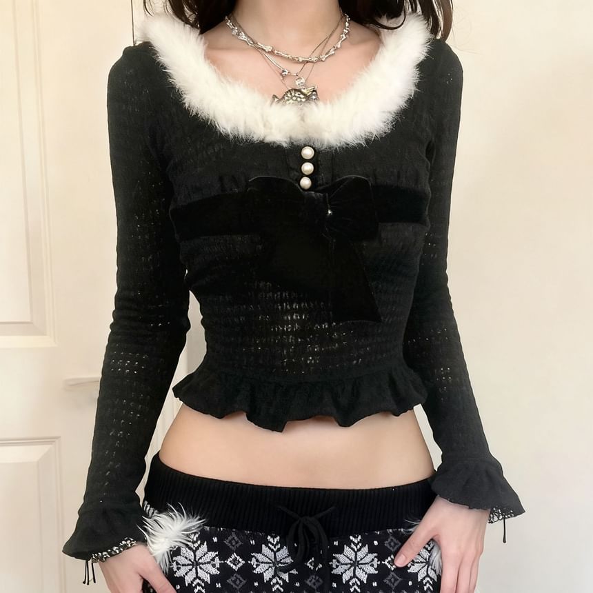 Long Sleeve Faux Fur Trim Bow Accent Ruffled-Hem Crop Knit Top