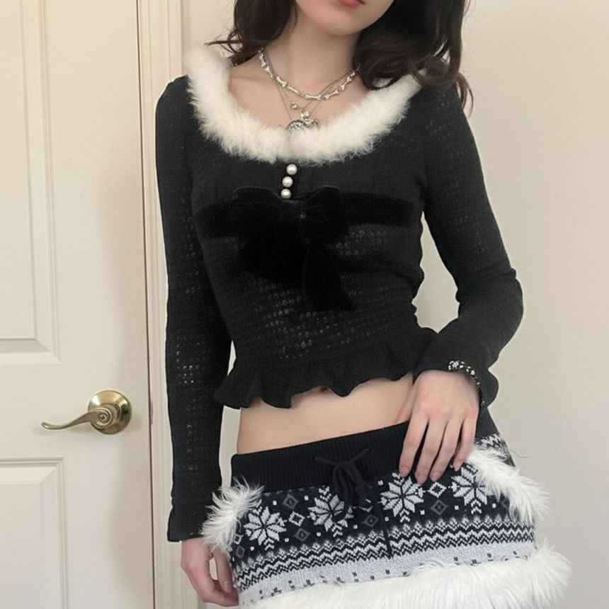 Long Sleeve Faux Fur Trim Bow Accent Ruffled-Hem Crop Knit Top