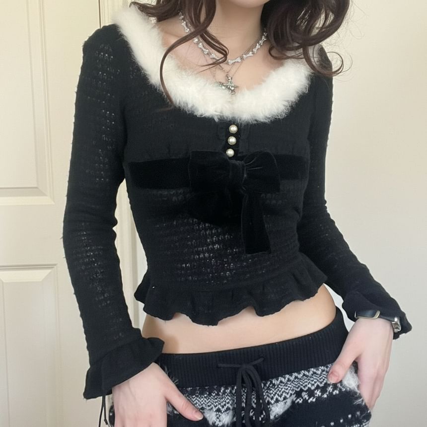 Long Sleeve Faux Fur Trim Bow Accent Ruffled-Hem Crop Knit Top