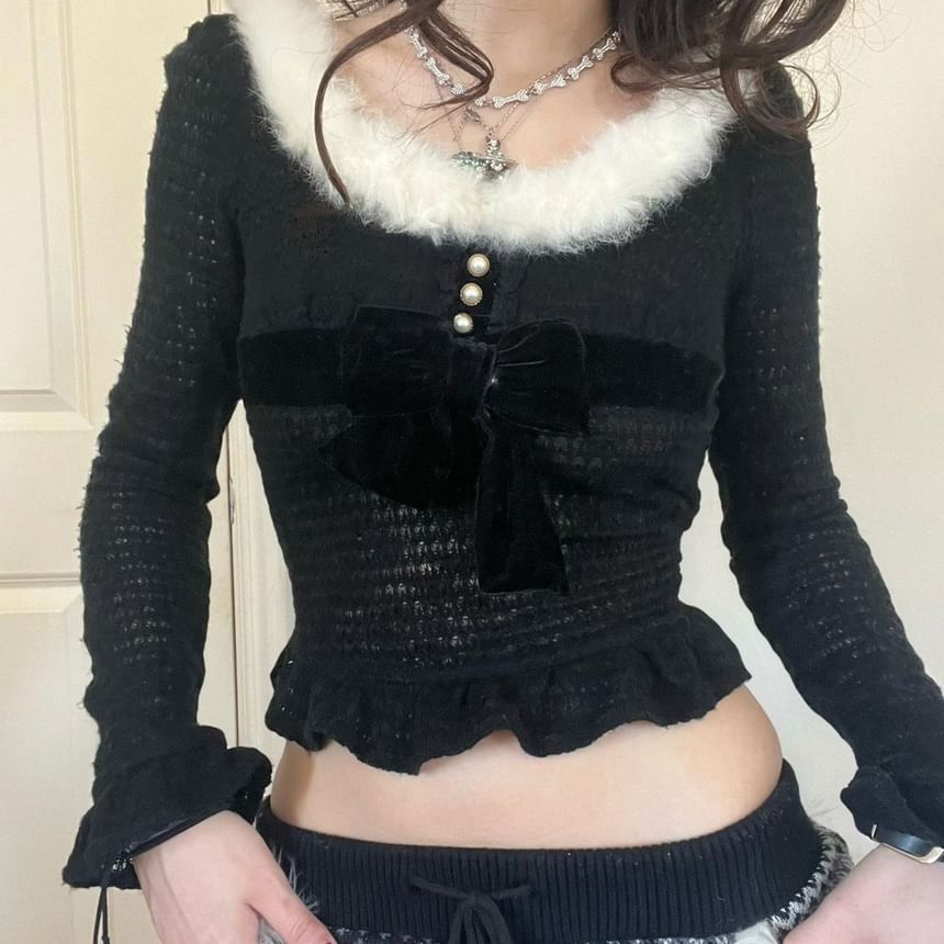 Long Sleeve Faux Fur Trim Bow Accent Ruffled-Hem Crop Knit Top