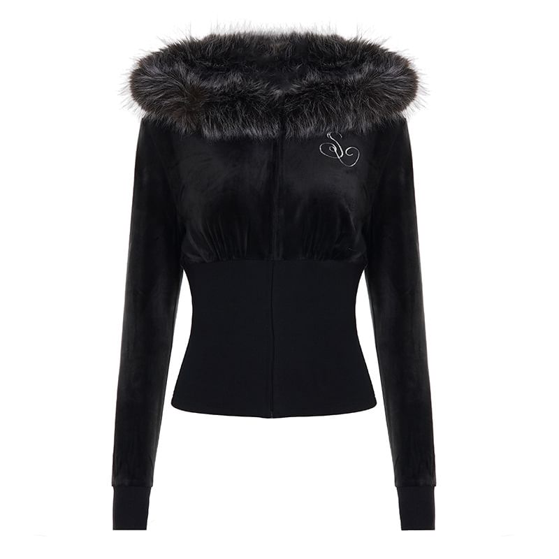 Long Sleeve Faux Fur Trim Velvet Zip-Up Hooded Jacket