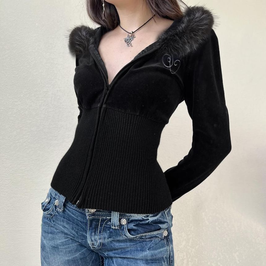 Long Sleeve Faux Fur Trim Velvet Zip-Up Hooded Jacket