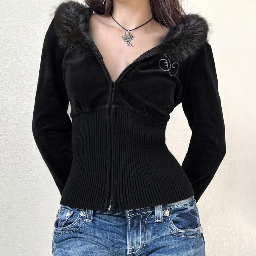 Long Sleeve Faux Fur Trim Velvet Zip-Up Hooded Jacket