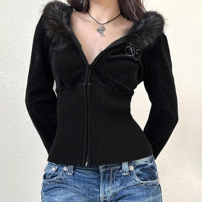 Long Sleeve Faux Fur Trim Velvet Zip-Up Hooded Jacket