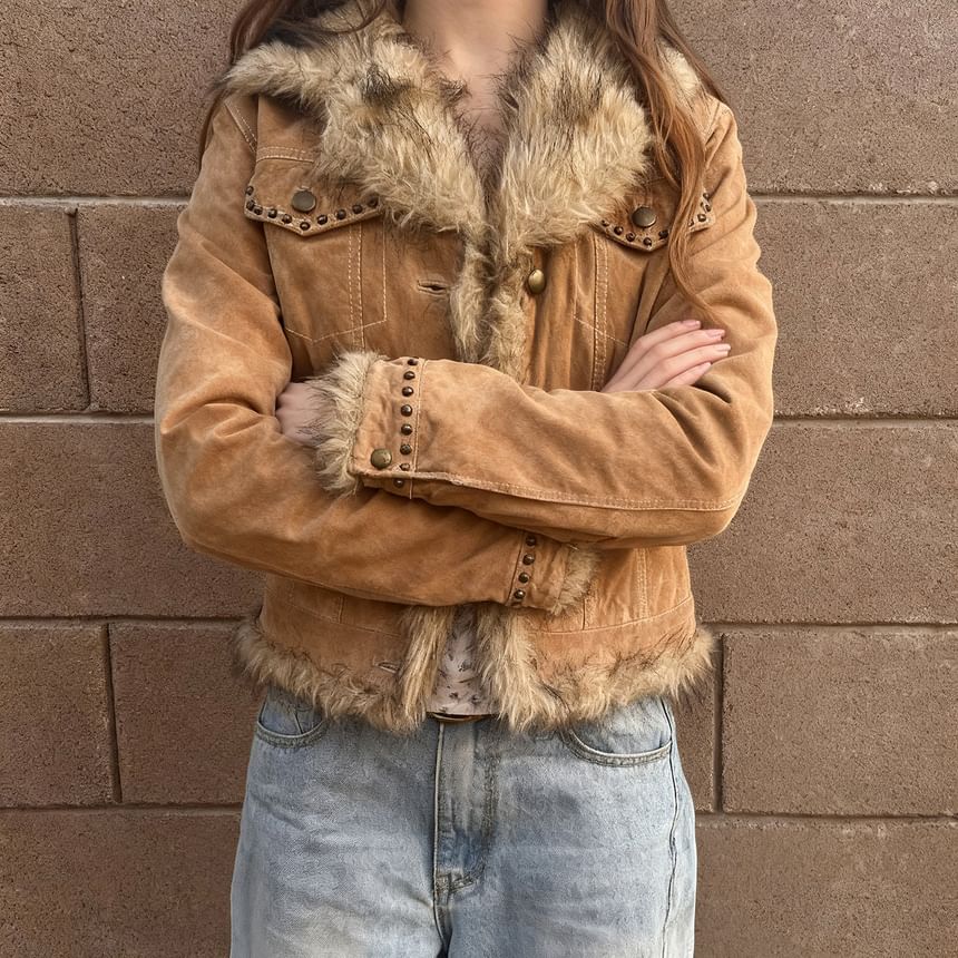 Long Sleeve Faux Fur Trim Suede Jacket