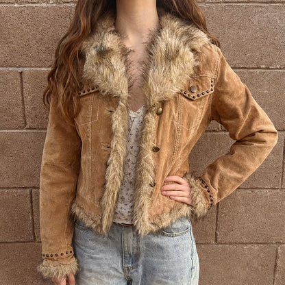 Long Sleeve Faux Fur Trim Suede Jacket