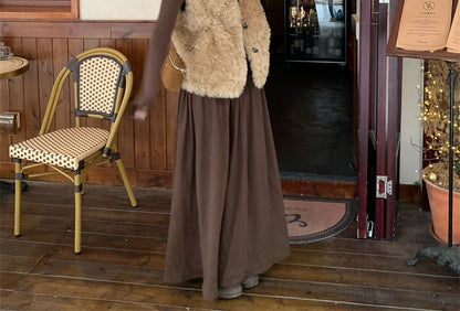 Faux Fur Vest / Long-Sleeve Top / High Rise Maxi A-Line Skirt