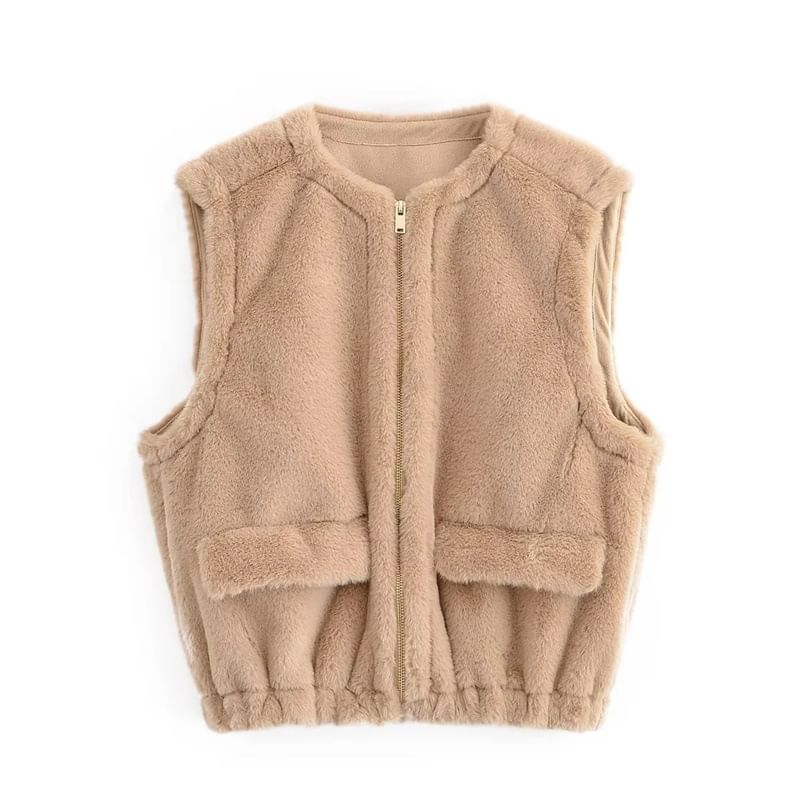 Round Neck Plain Faux Fur Zip Vest