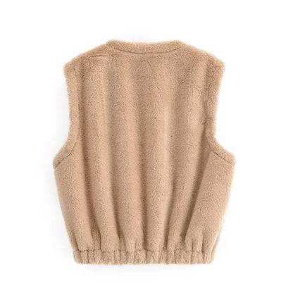 Round Neck Plain Faux Fur Zip Vest