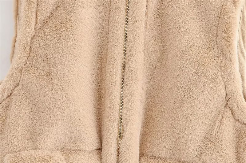 Round Neck Plain Faux Fur Zip Vest