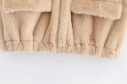 Round Neck Plain Faux Fur Zip Vest