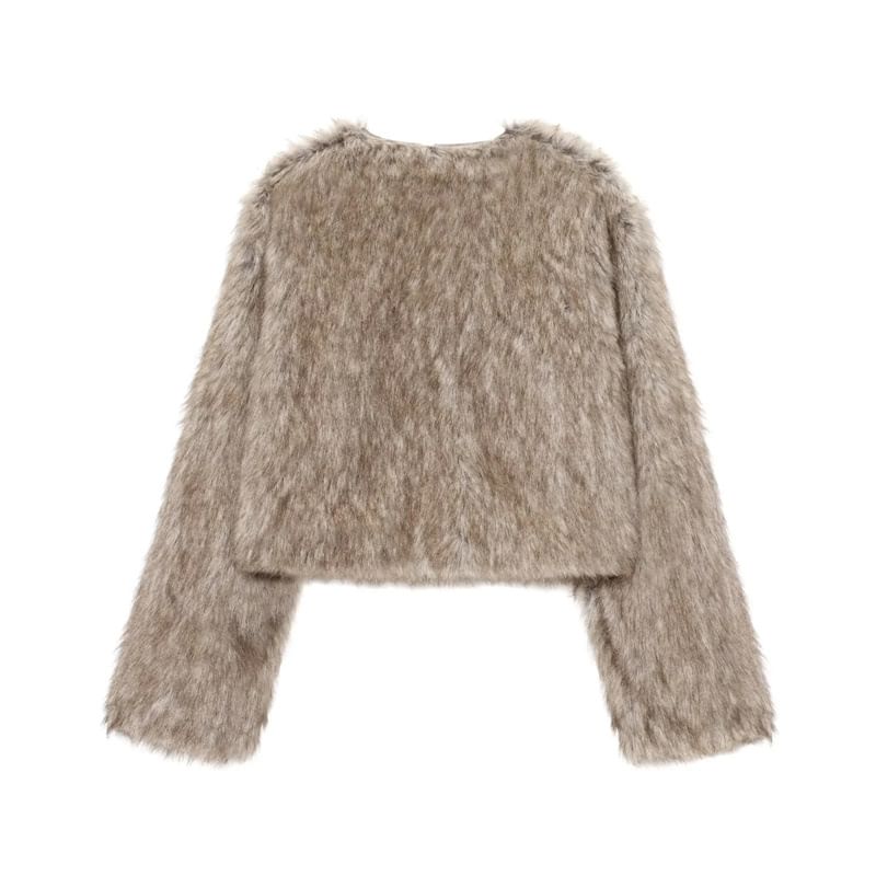 Round Neck Faux Fur Hook And Eye Jacket