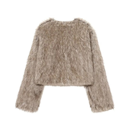 Round Neck Faux Fur Hook And Eye Jacket
