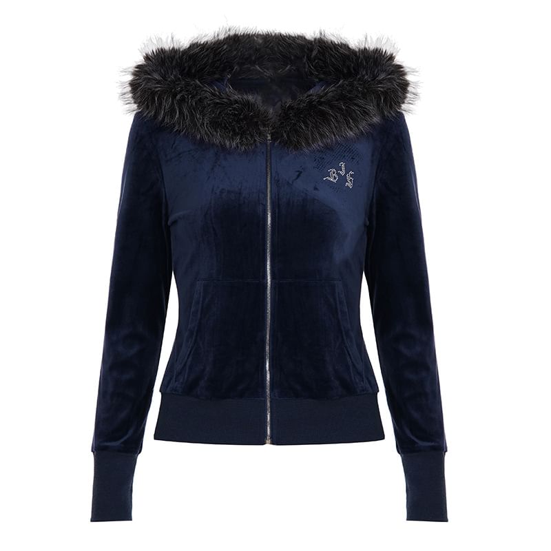 Long Sleeve Plain Velvet Furry-Trim Hooded Jacket
