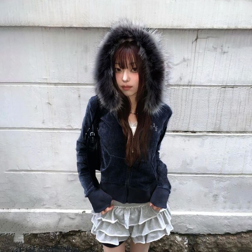 Long Sleeve Plain Velvet Furry-Trim Hooded Jacket