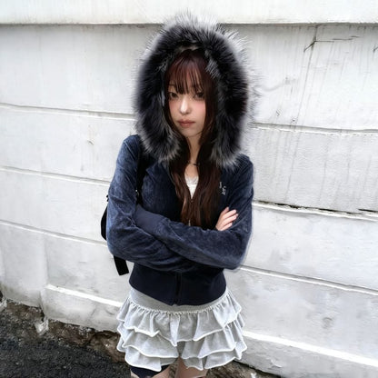 Long Sleeve Plain Velvet Furry-Trim Hooded Jacket