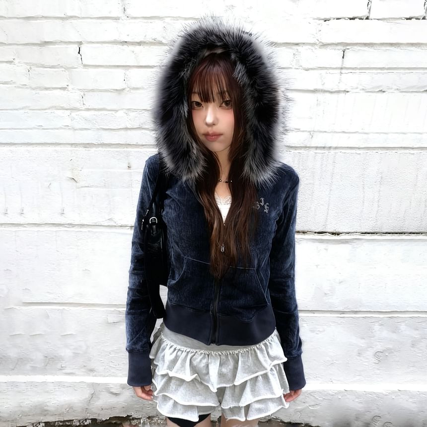 Long Sleeve Plain Velvet Furry-Trim Hooded Jacket