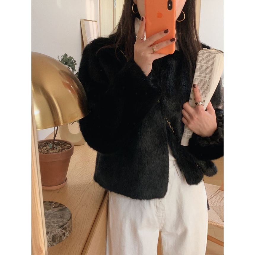 Crew Neck Plain Fluffy Open Front Crop Jacket