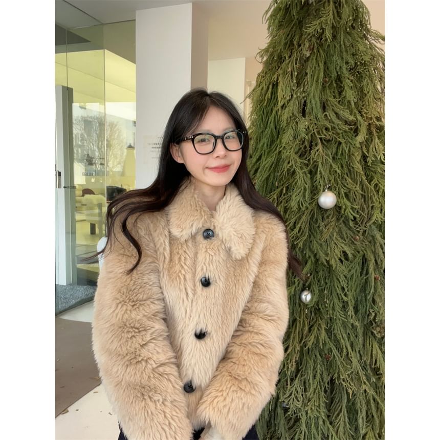 Collared Fluffy Button-Up Plain Jacket