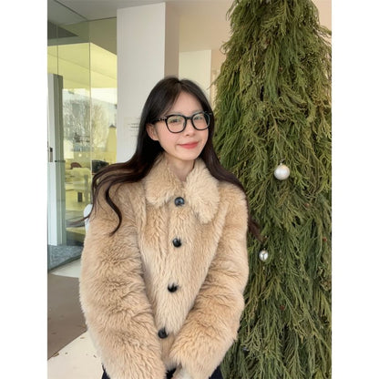 Collared Fluffy Button-Up Plain Jacket