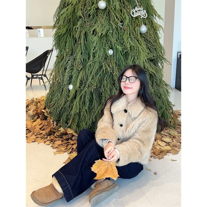 Collared Fluffy Button-Up Plain Jacket