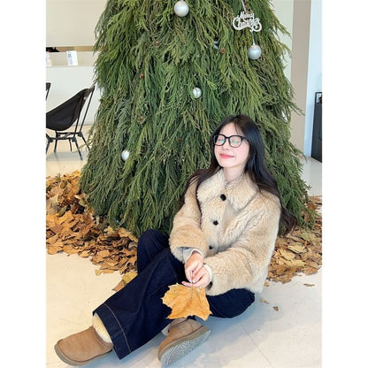 Collared Fluffy Button-Up Plain Jacket