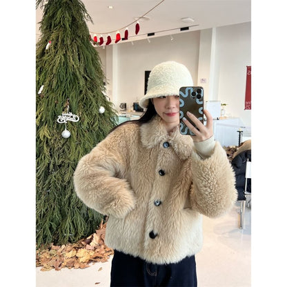 Collared Fluffy Button-Up Plain Jacket