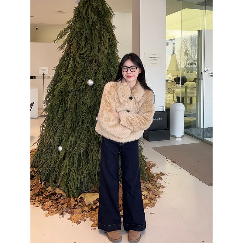 Collared Fluffy Button-Up Plain Jacket