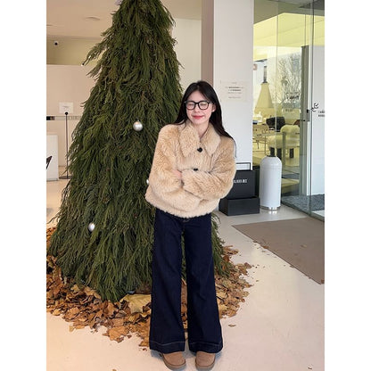 Collared Fluffy Button-Up Plain Jacket