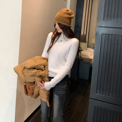 Long-Sleeve Short Faux-Fur Lined Mock Neck Plain Slim Fit Knit Top