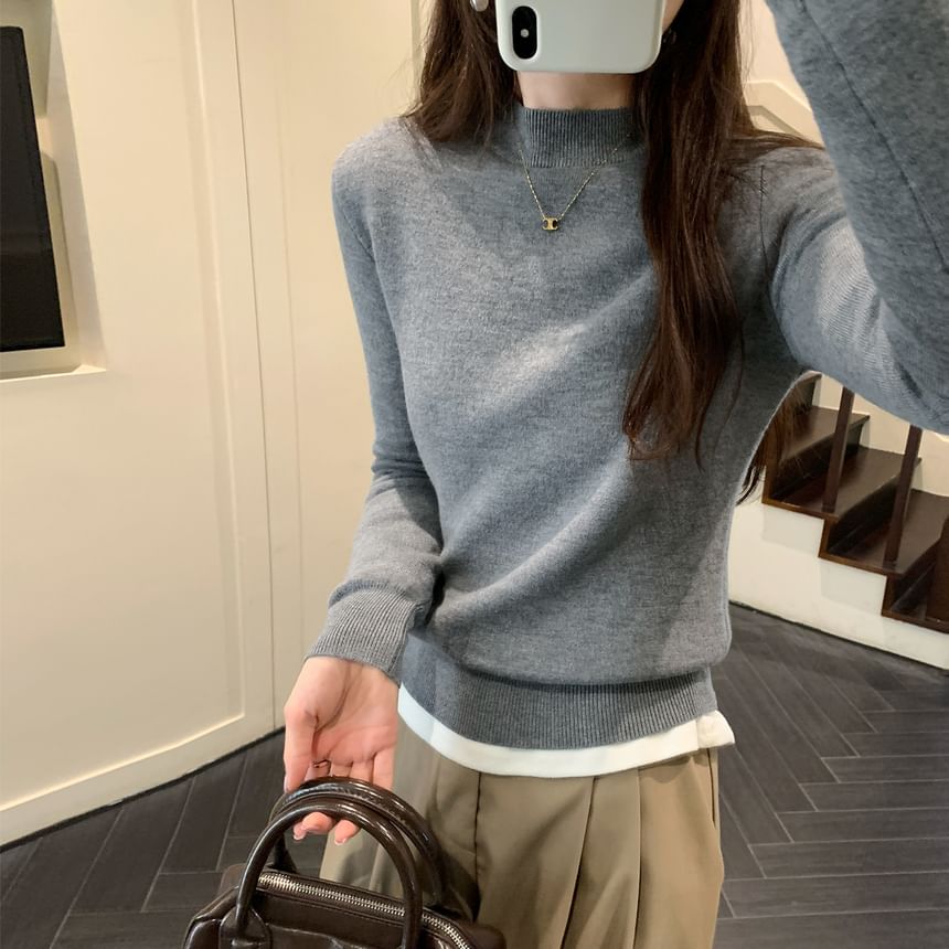 Long-Sleeve Short Faux-Fur Lined Mock Neck Plain Slim Fit Knit Top