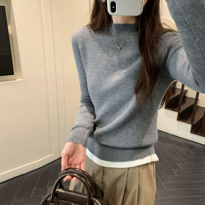 Long-Sleeve Short Faux-Fur Lined Mock Neck Plain Slim Fit Knit Top