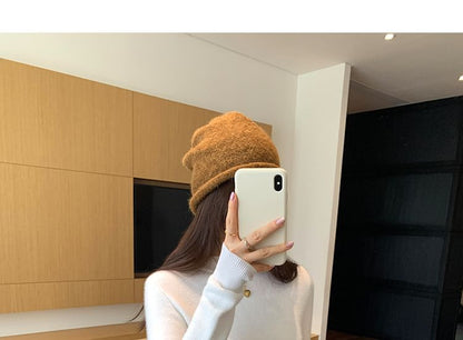 Long-Sleeve Short Faux-Fur Lined Mock Neck Plain Slim Fit Knit Top