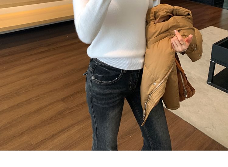 Long-Sleeve Short Faux-Fur Lined Mock Neck Plain Slim Fit Knit Top