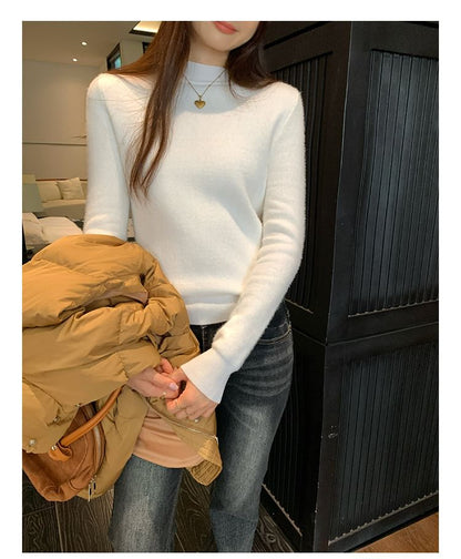 Long-Sleeve Short Faux-Fur Lined Mock Neck Plain Slim Fit Knit Top