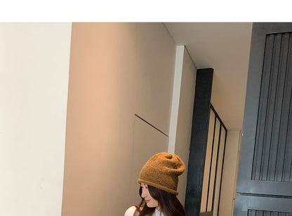 Long-Sleeve Short Faux-Fur Lined Mock Neck Plain Slim Fit Knit Top