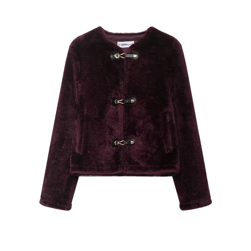 Crew Neck Plain Fluffy Buckled Jacket