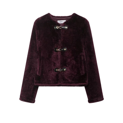 Crew Neck Plain Fluffy Buckled Jacket