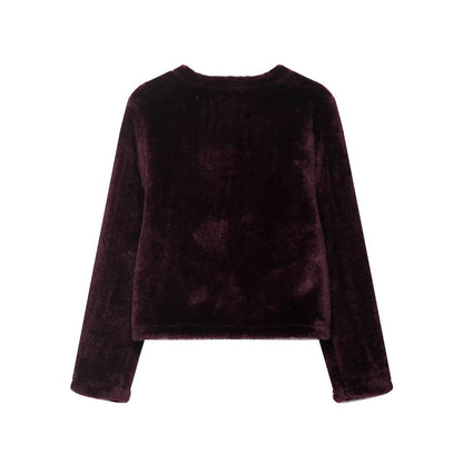 Crew Neck Plain Fluffy Buckled Jacket