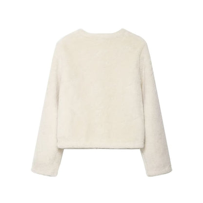 Crew Neck Plain Fluffy Buckled Jacket