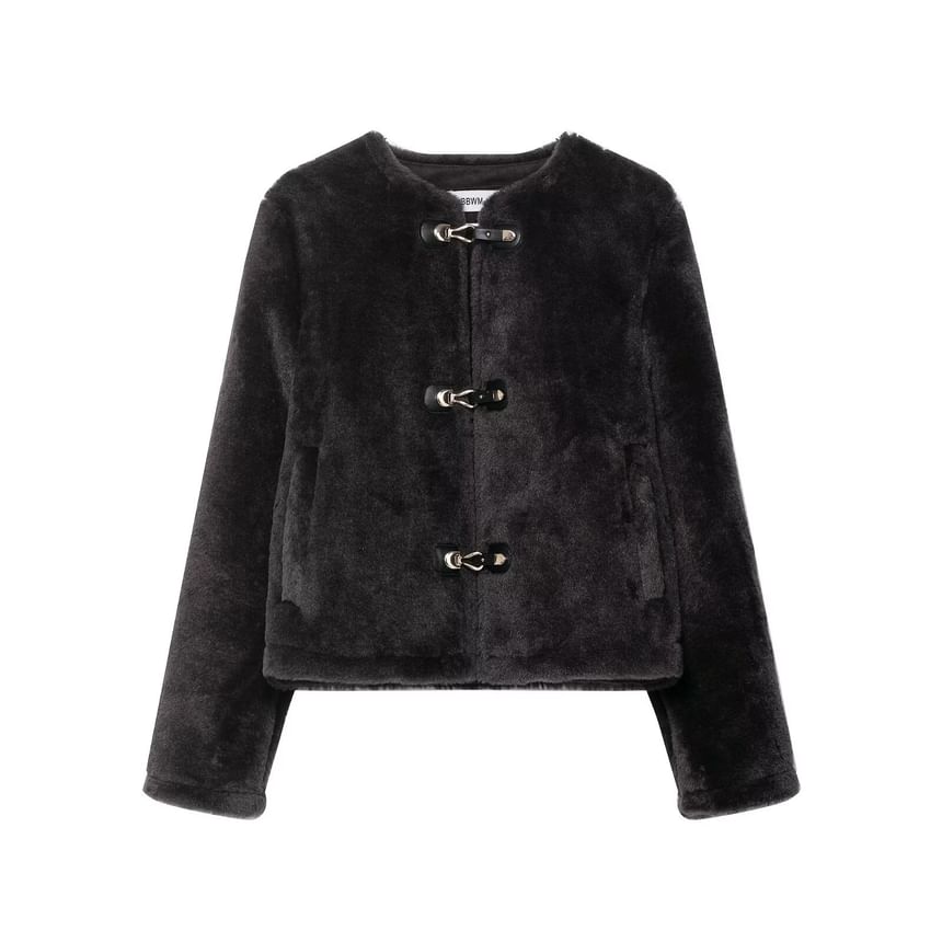 Crew Neck Plain Fluffy Buckled Jacket