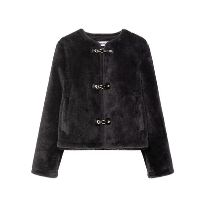 Crew Neck Plain Fluffy Buckled Jacket