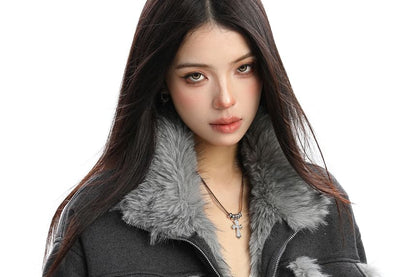 Collared Reversible Panel Faux Fur Zip Jacket