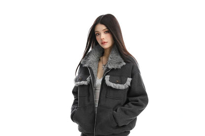 Collared Reversible Panel Faux Fur Zip Jacket
