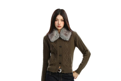 Faux Fur Collar Cable Knit Toggle Cardigan