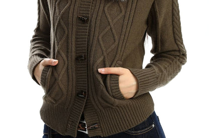 Faux Fur Collar Cable Knit Toggle Cardigan